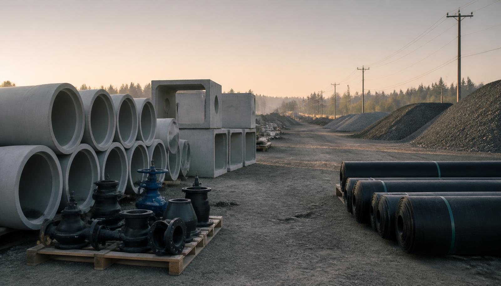 Civil and utility materials staged along an infrastructure corridor: large-diameter pipe, precast drainage structures, valves and fittings, and graded aggregate stockpiles